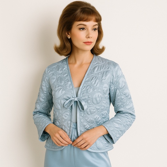 Oscar de la Renta Jackets & Blazers - Oscar de la Renta Ice‎ Blue Quilted Satin Bow Jacket Vintage Old Hollywood S